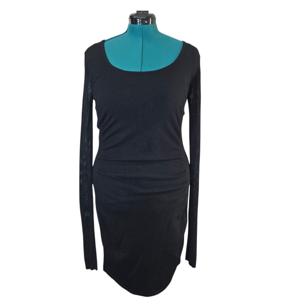 EXPRESS Black Long Sleeve Mini Dress Bodycon‎ Ruched Knit Mesh Sleeve L